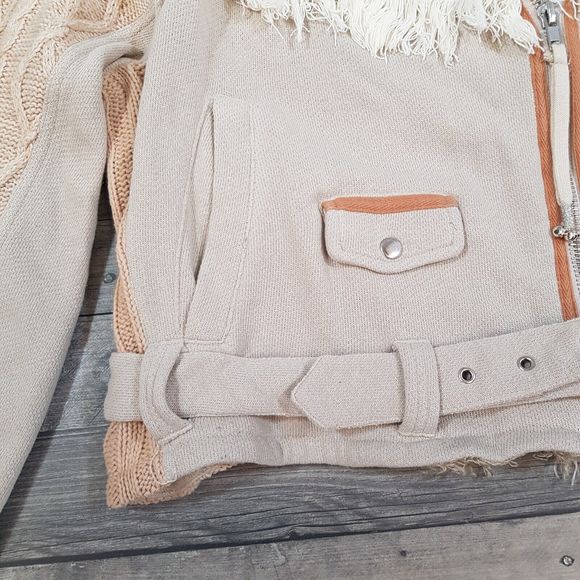 Free People Cozy Knit Mix Moto Jacket Medium UK 12 Ivory Neutral Boho BN - Picture 4 of 12